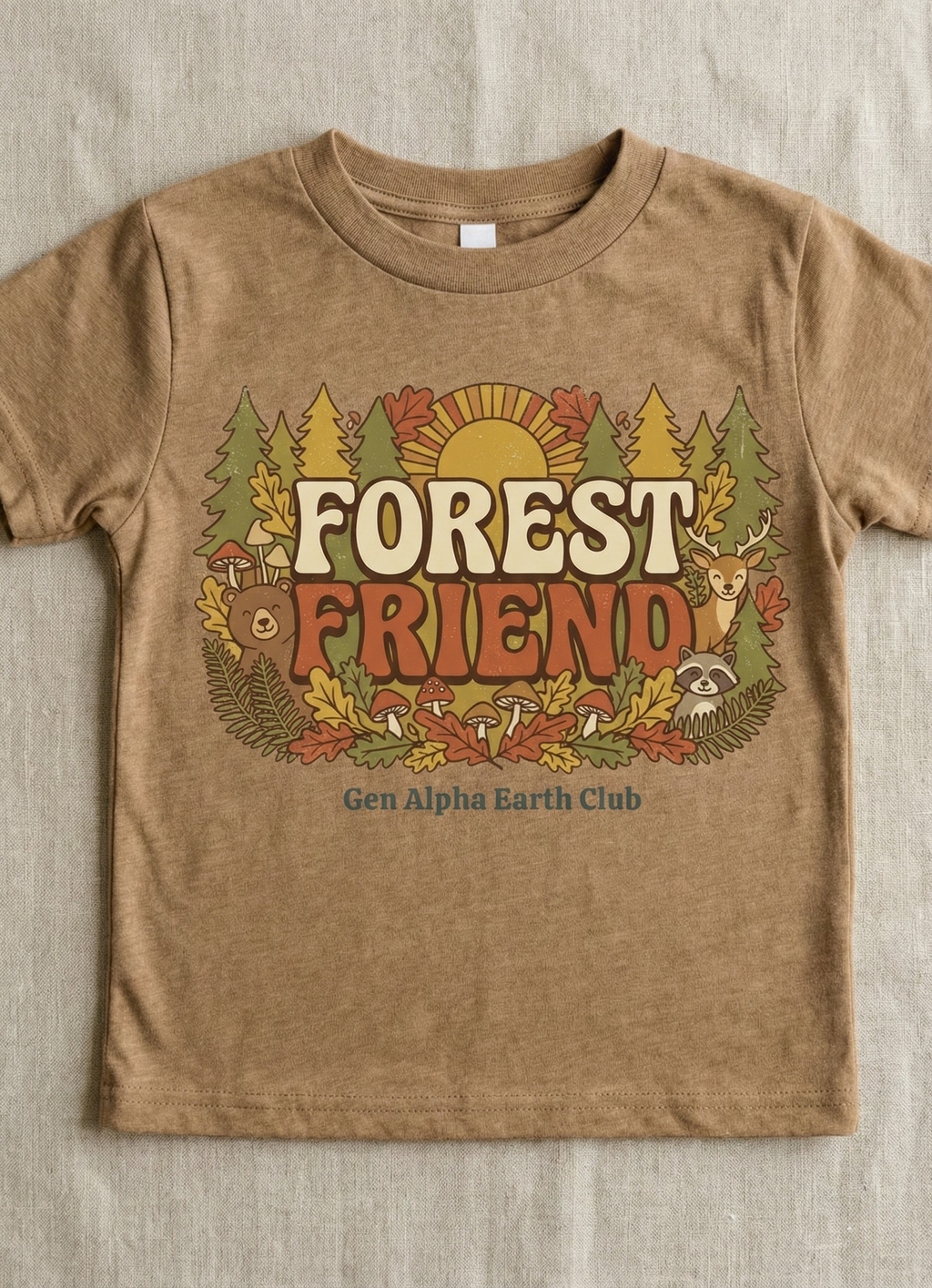 Lay flat view of Forest Friend toddler shirt in coyote brown color made from soft cotton
