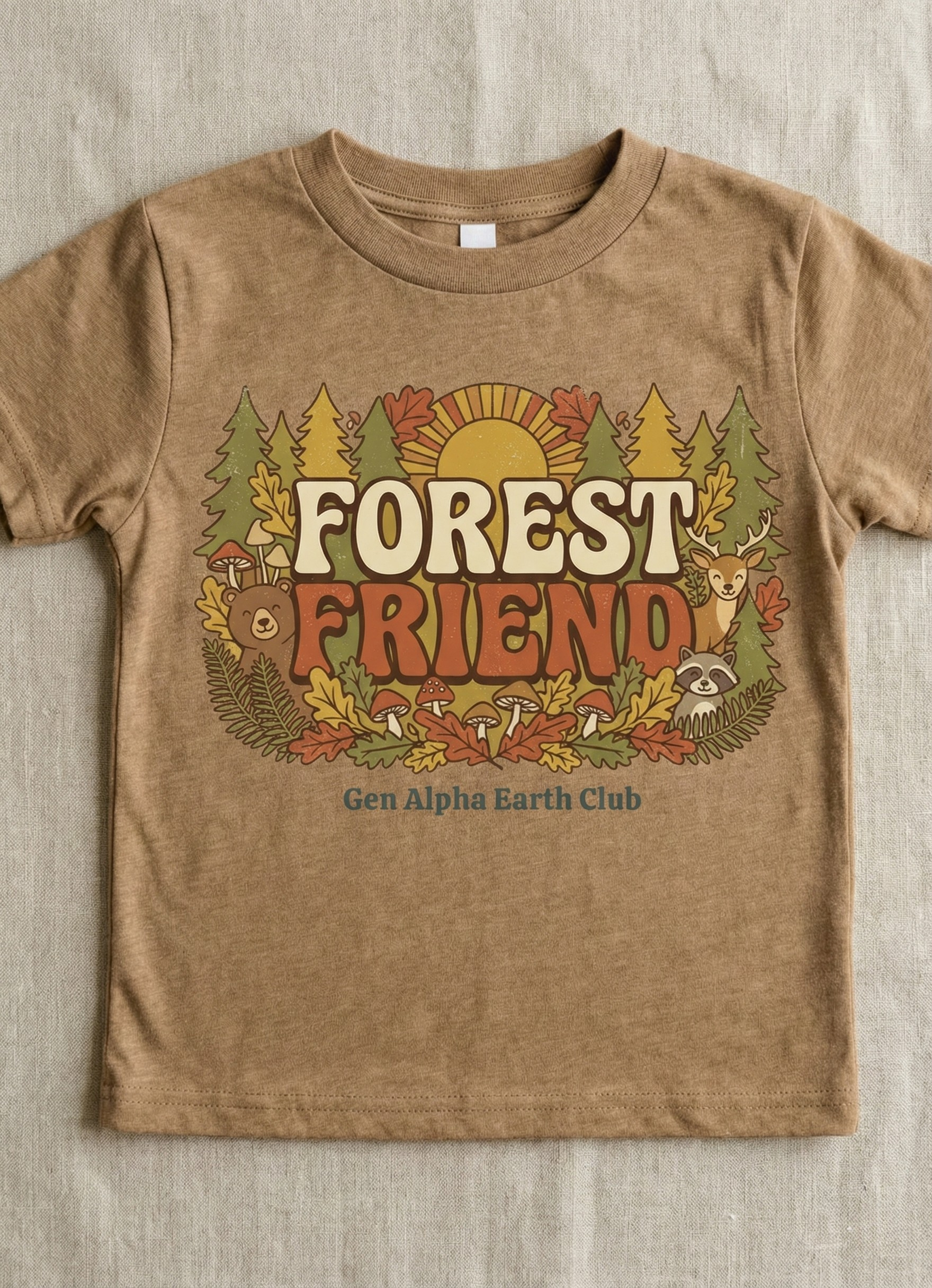 Lay flat view of Forest Friend toddler shirt in coyote brown color made from soft cotton
