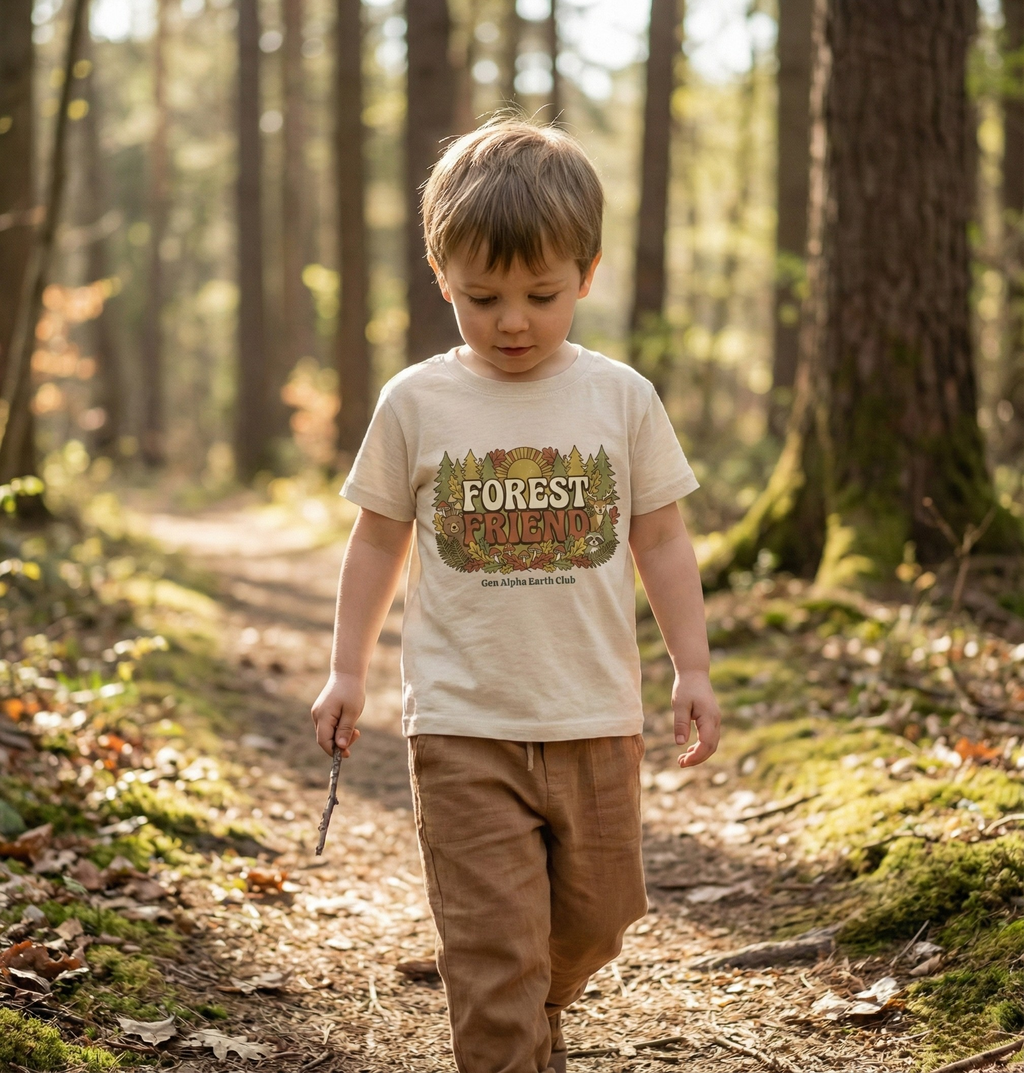 Toddler wearing Forest Friend shirt made from soft cotton in a natural outdoor setting