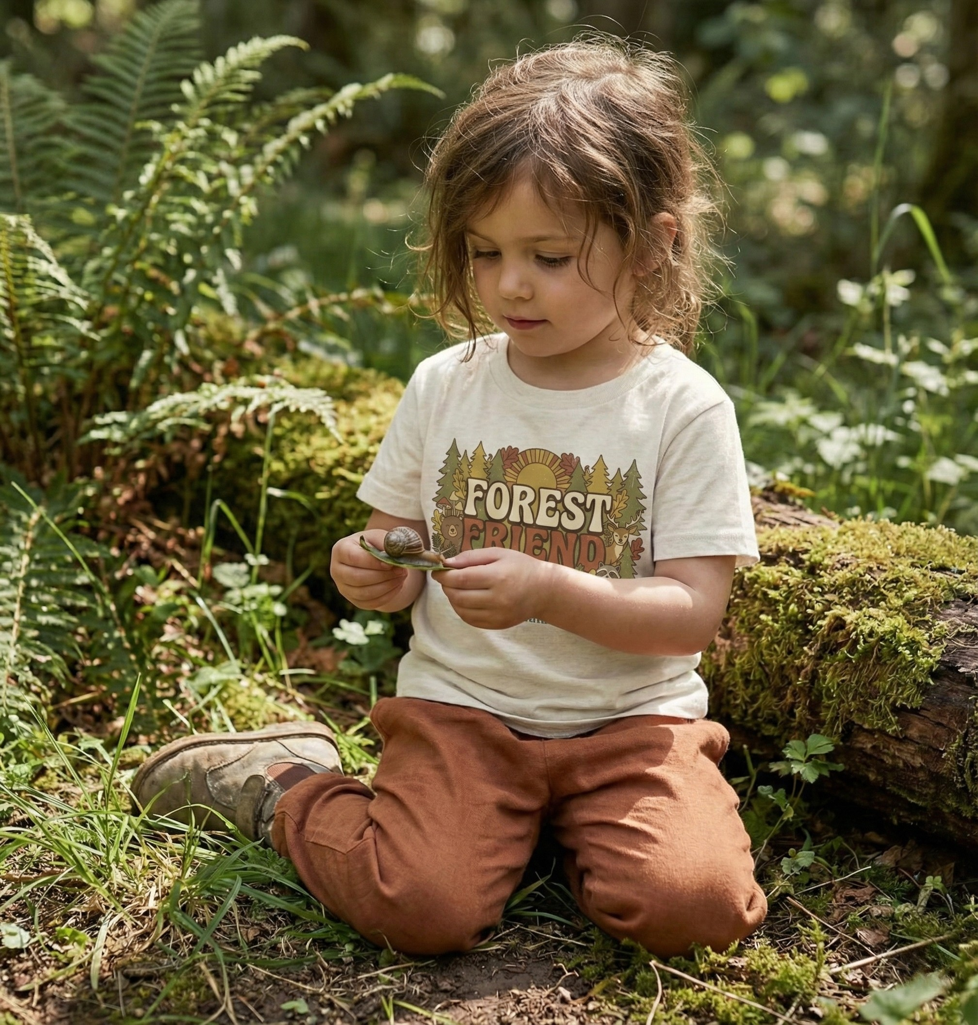 Toddler wearing nature-inspired shirt while standing outdoors in a wooded setting