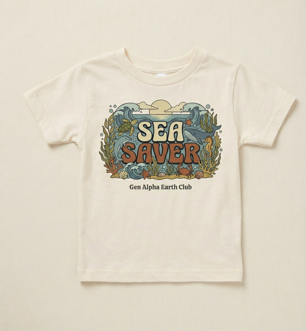 Toddler Sea Saver t-shirt made from soft cotton shown on a neutral background
