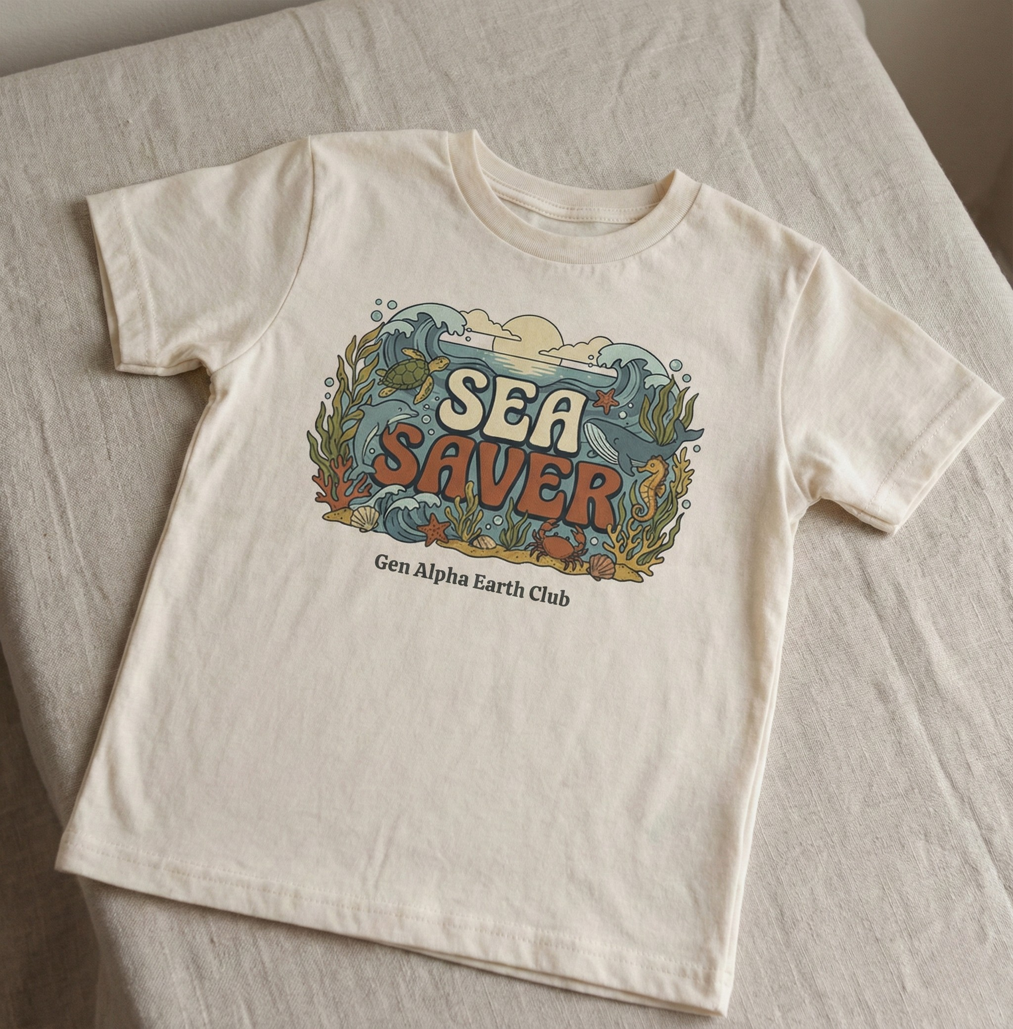 Toddler Sea Saver t-shirt made from soft cotton shown on a neutral background