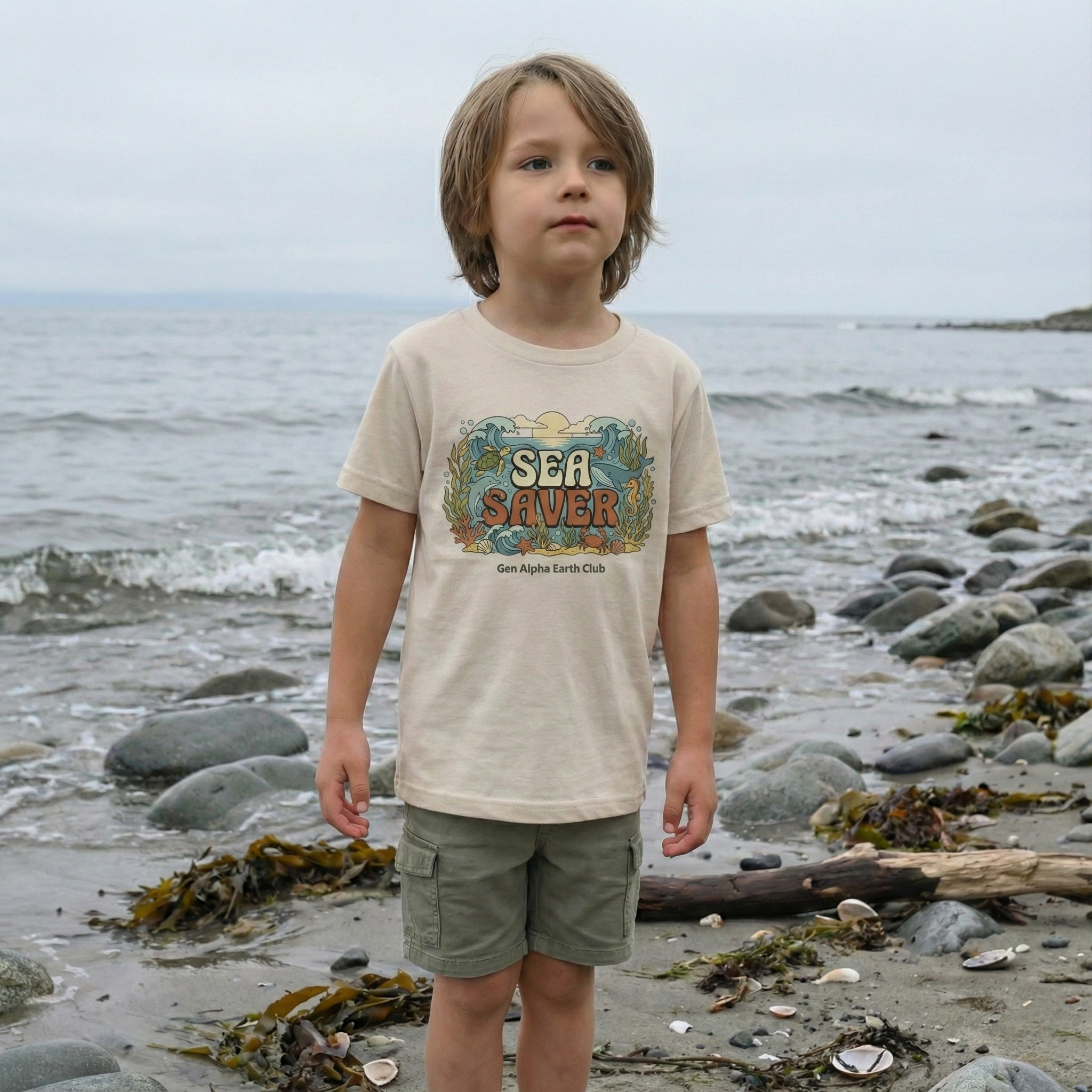Toddler wearing Sea Saver shirt outdoors near the coast in a calm natural setting