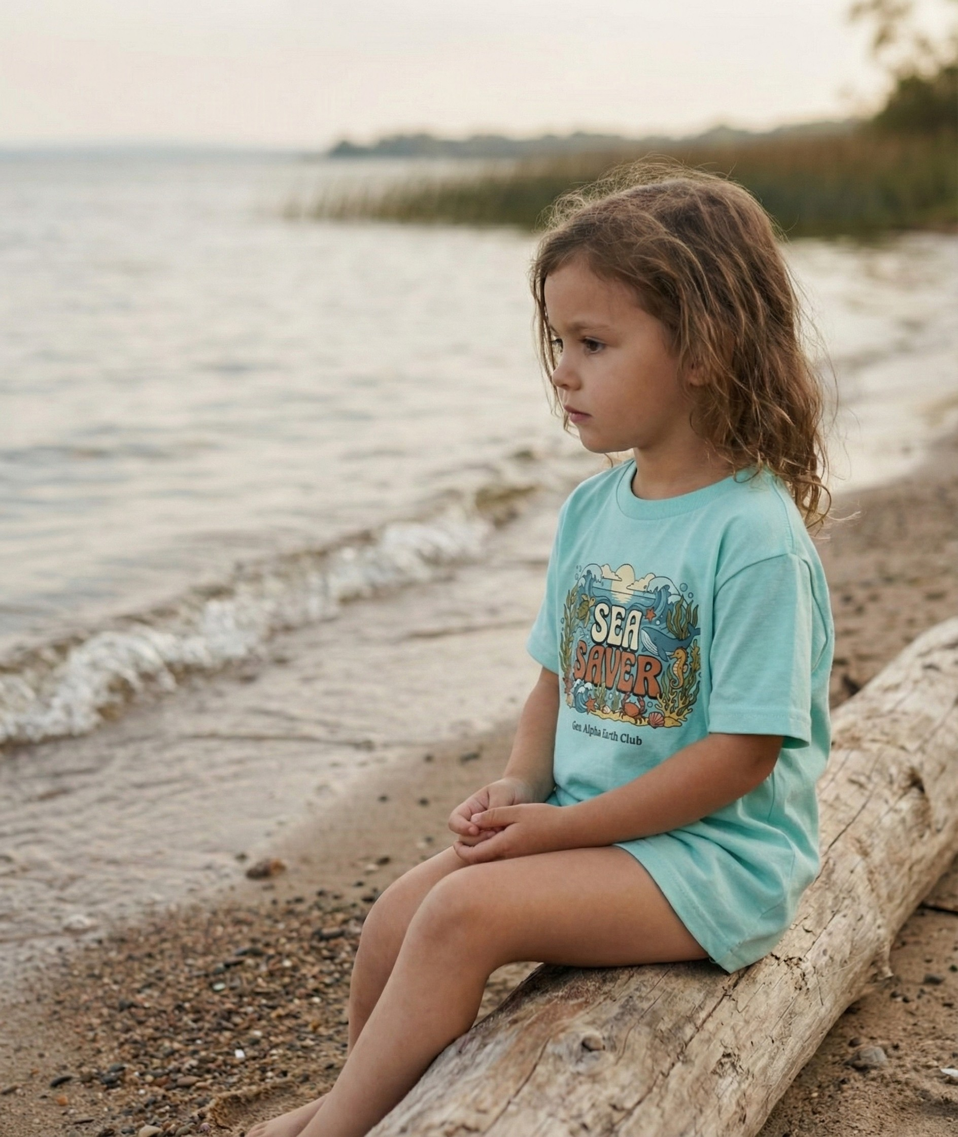 Child wearing Sea Saver t-shirt near water in a quiet outdoor environment